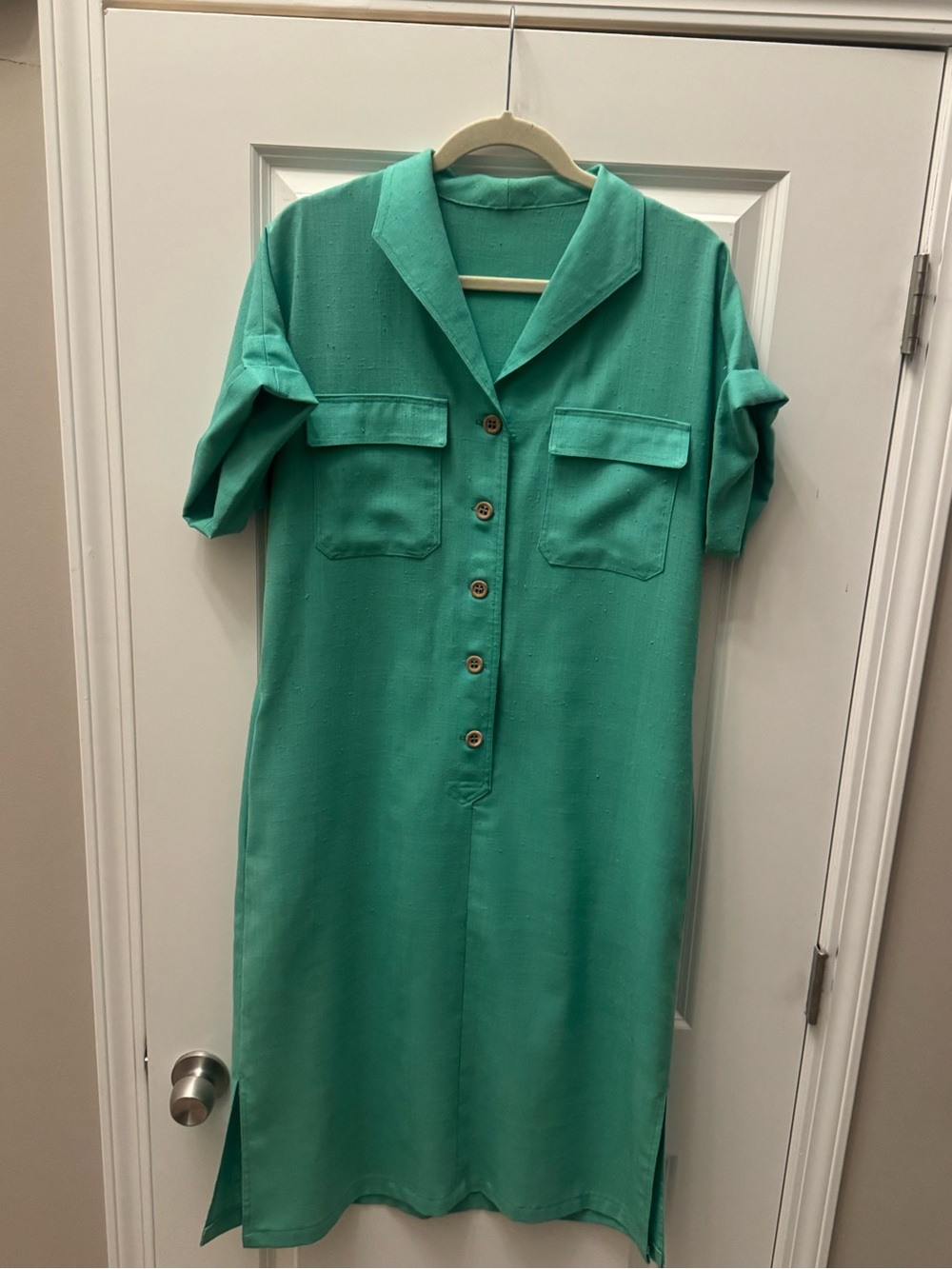 Vintage Green Cotton Slub Shirt Dress Button Front Safari Utility Medium